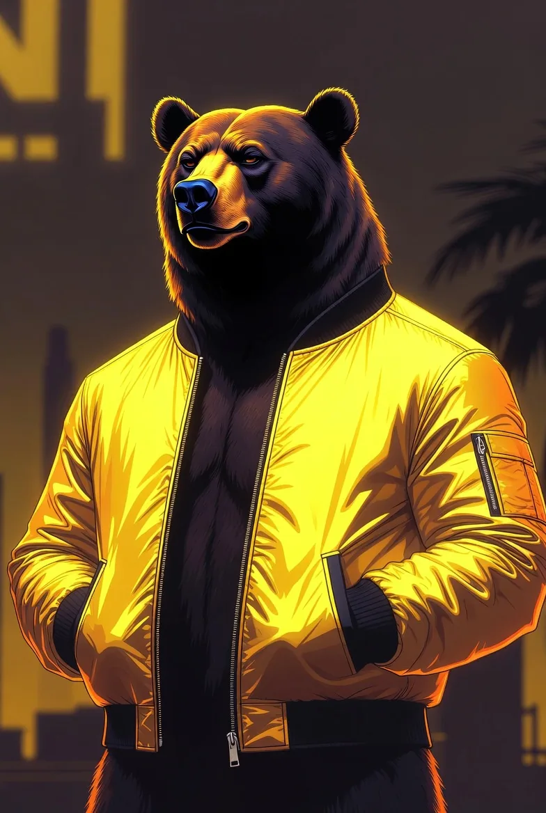 GRIZZLY GANG — Powerful grizzly bear mascot in yellow bomber jacket, GTA Vice City loading screen style